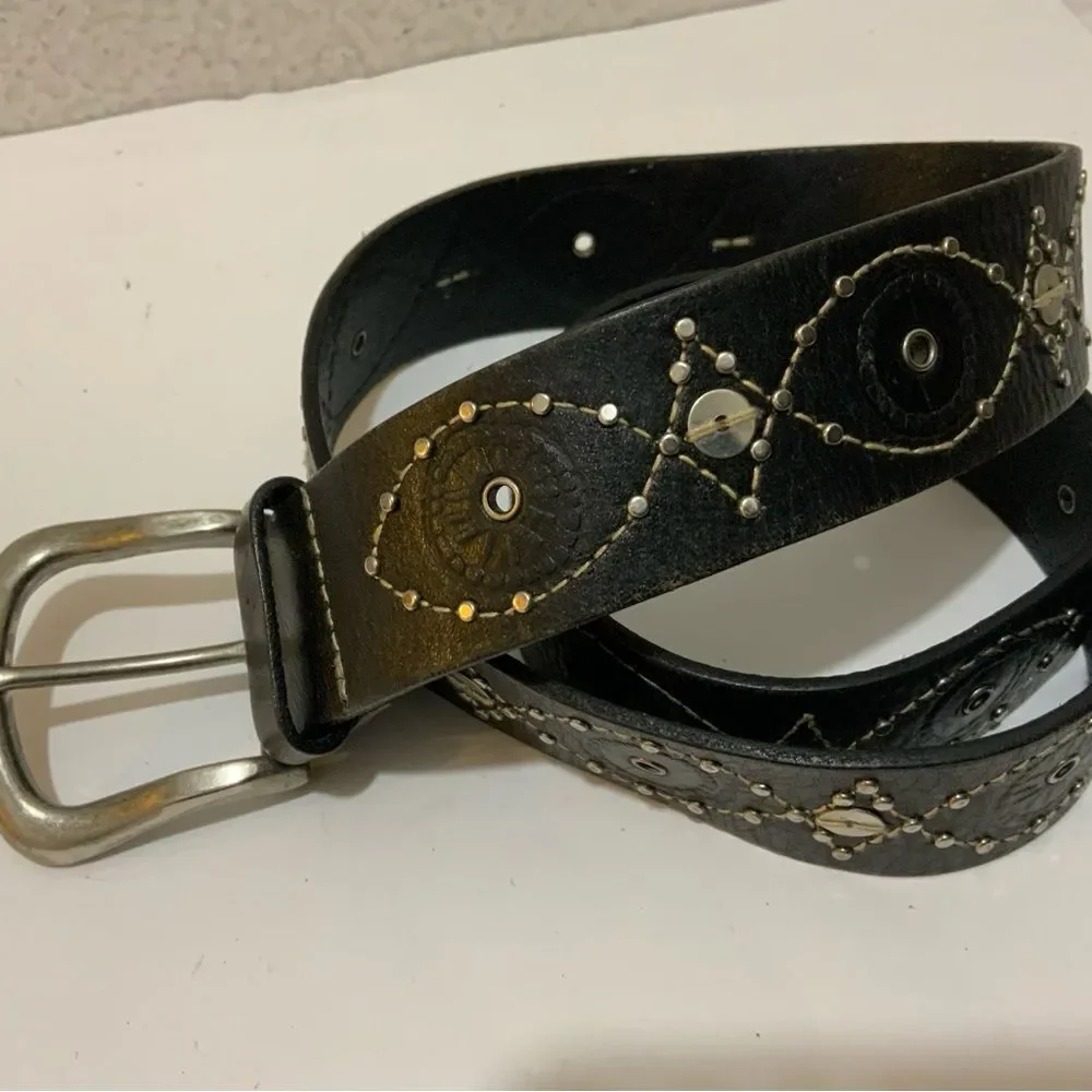 Fossil Leather Belt Embossed Flower Metal Stud Accents, size Medium